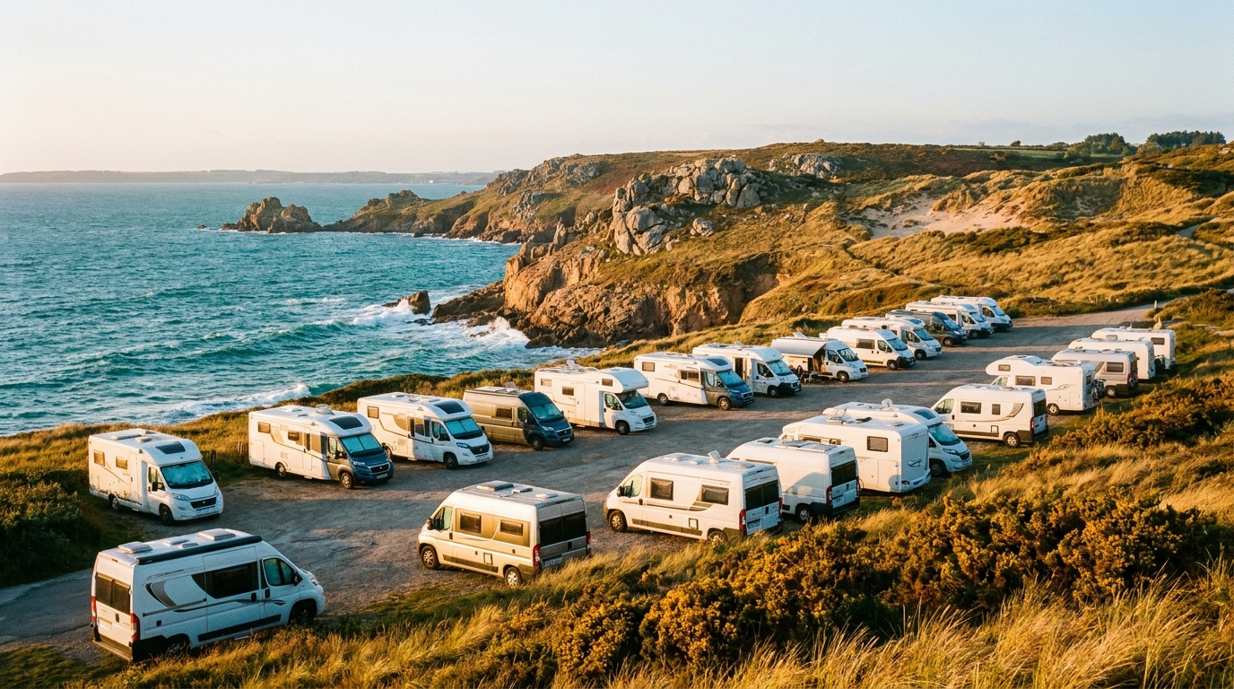 Aire de camping-car bord de mer en Bretagne au coucher de soleil
