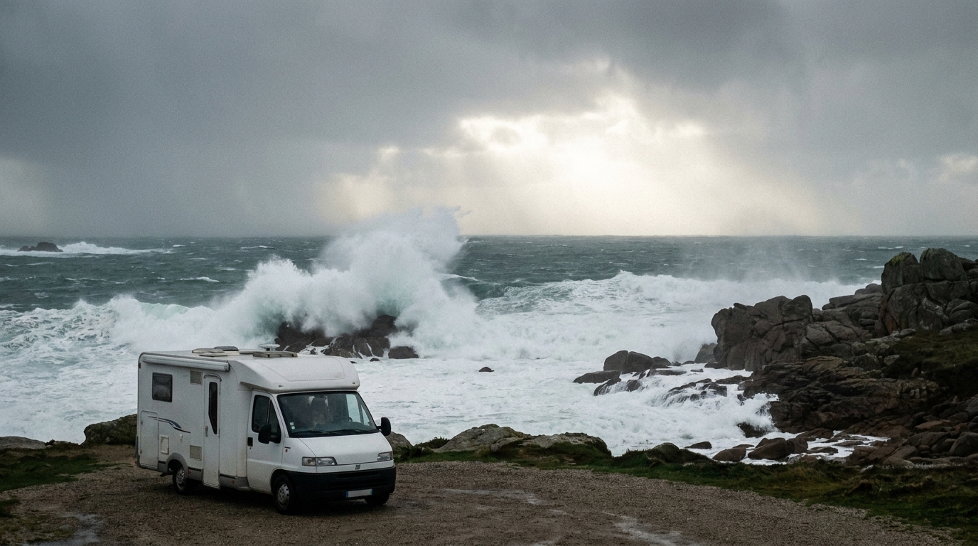 Camping-car en Bretagne en hiver face à l'océan