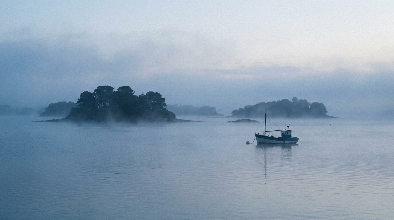 Golfe du Morbihan en hiver au petit matin dans la brume