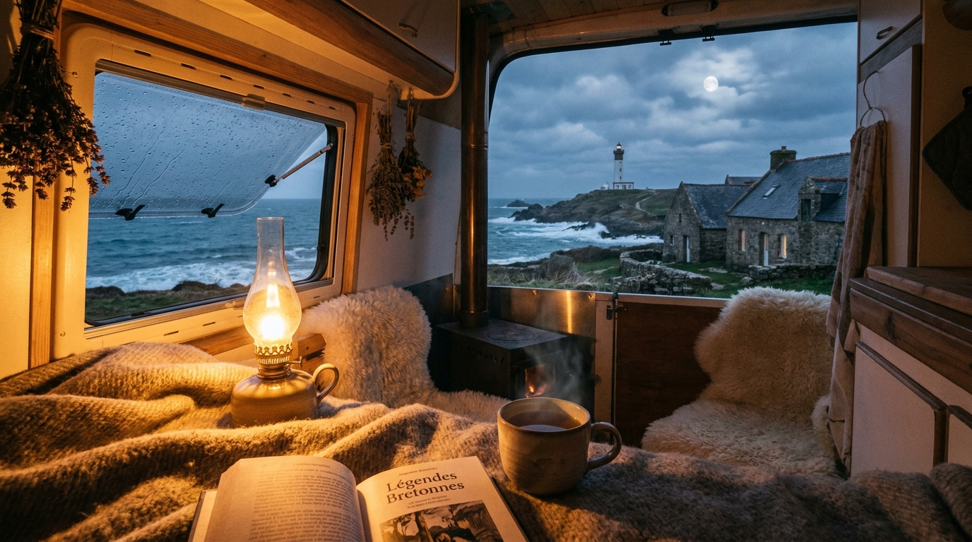 Intérieur cosy de mini-caravane en Bretagne en hiver