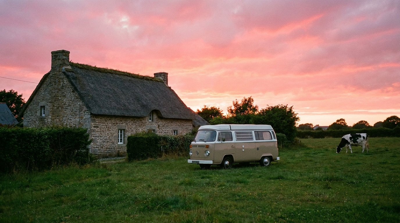 Van aménagé en accueil camping-car à la ferme en Bretagne