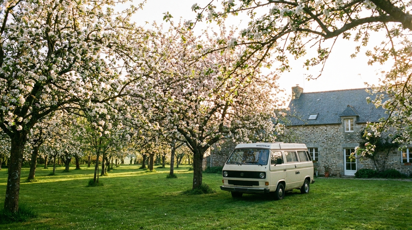 Verger cidricole en Bretagne avec camping-car