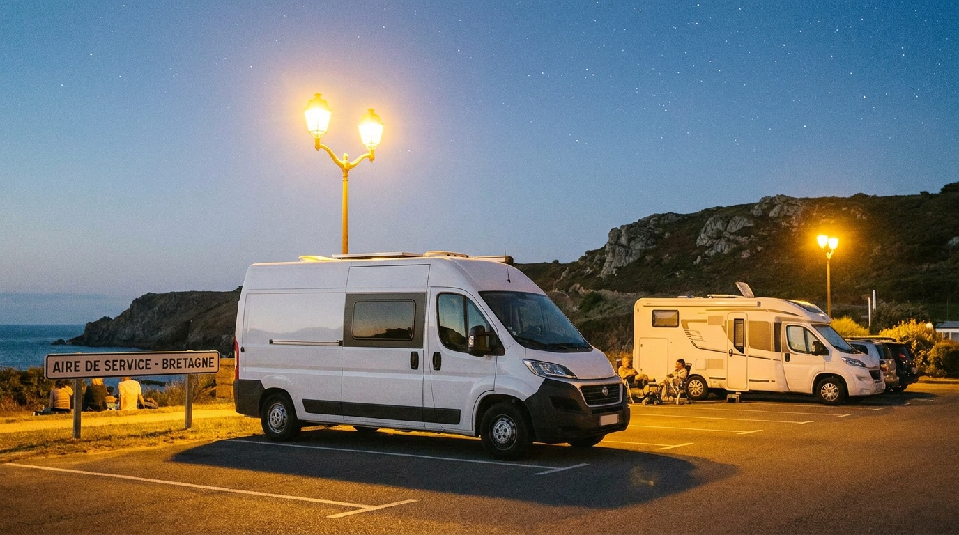 Van aménagé sur aire camping-car éclairée la nuit en Bretagne