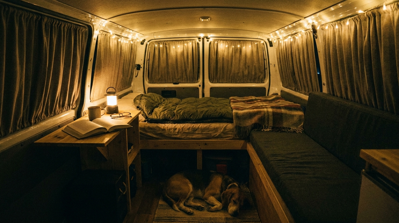 Intérieur de van aménagé la nuit avec rideaux tirés
