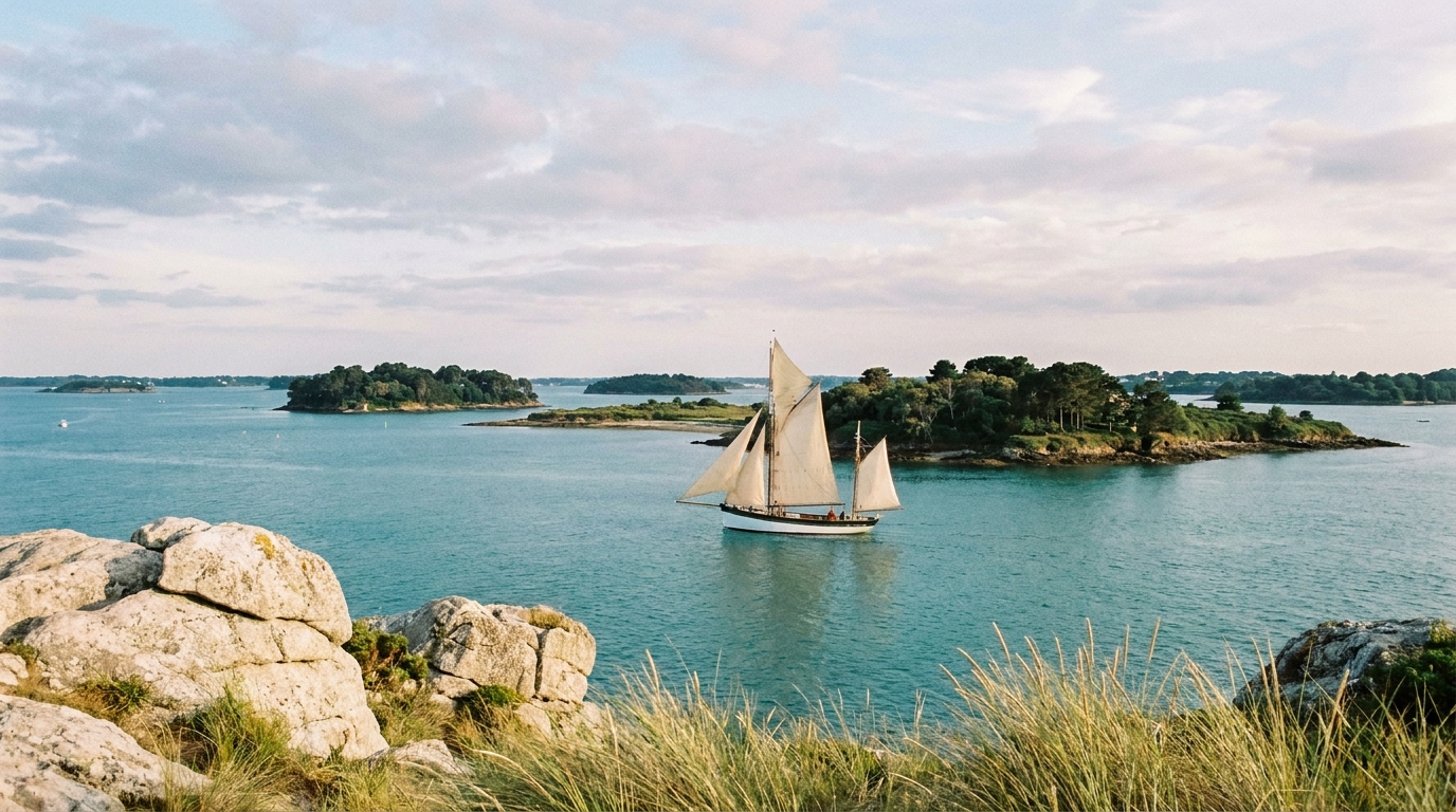 Voilier traditionnel dans le Golfe du Morbihan entre les îles