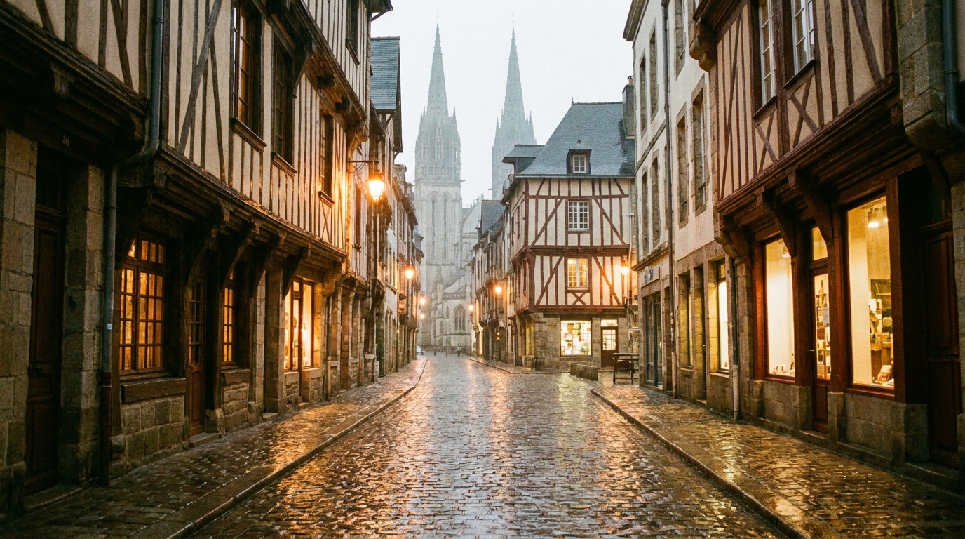 Rues pavées de Quimper sous la pluie, cathédrale en arrière-plan