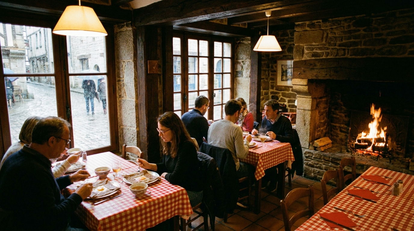 Crêperie bretonne traditionnelle avec galette et cidre