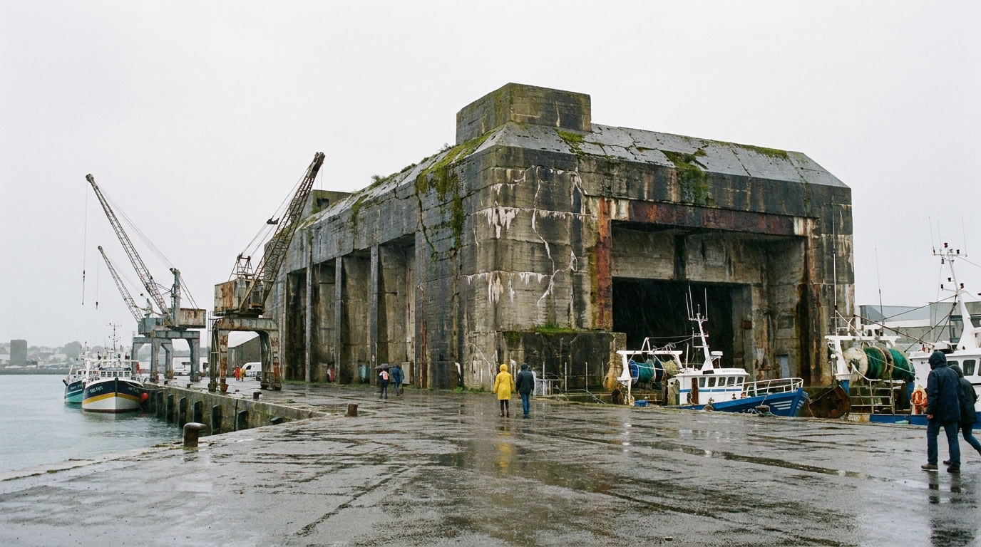 Base sous-marine de Keroman à Lorient sous un ciel gris