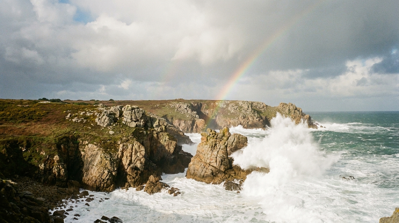 Côte sauvage de Quiberon sous l'averse avec arc-en-ciel