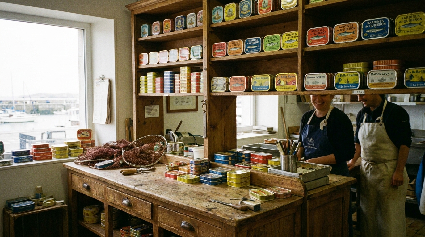 Intérieur d'une conserverie artisanale de sardines à Quiberon