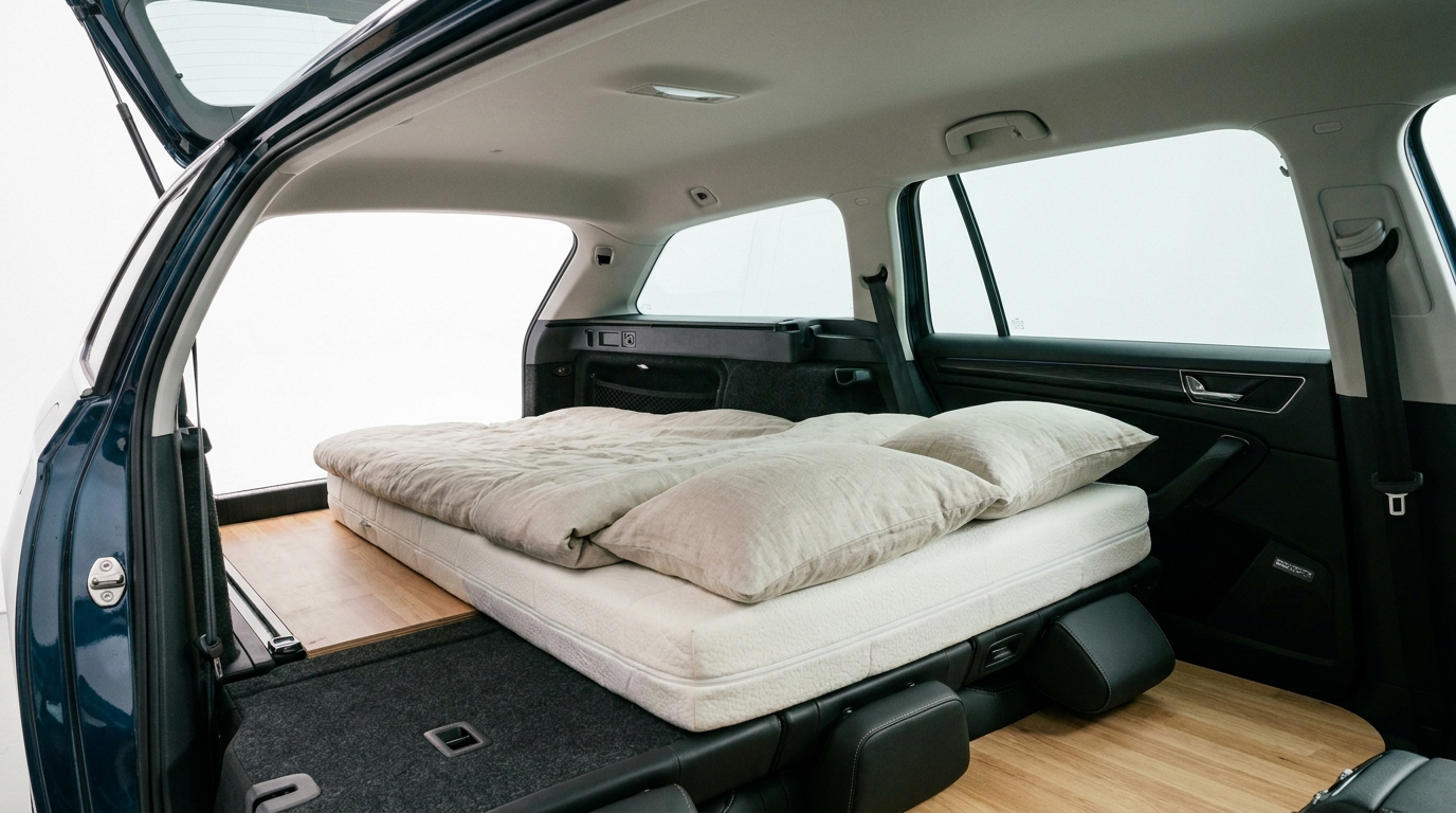Intérieur de grand break avec sièges rabattus et couchage plat