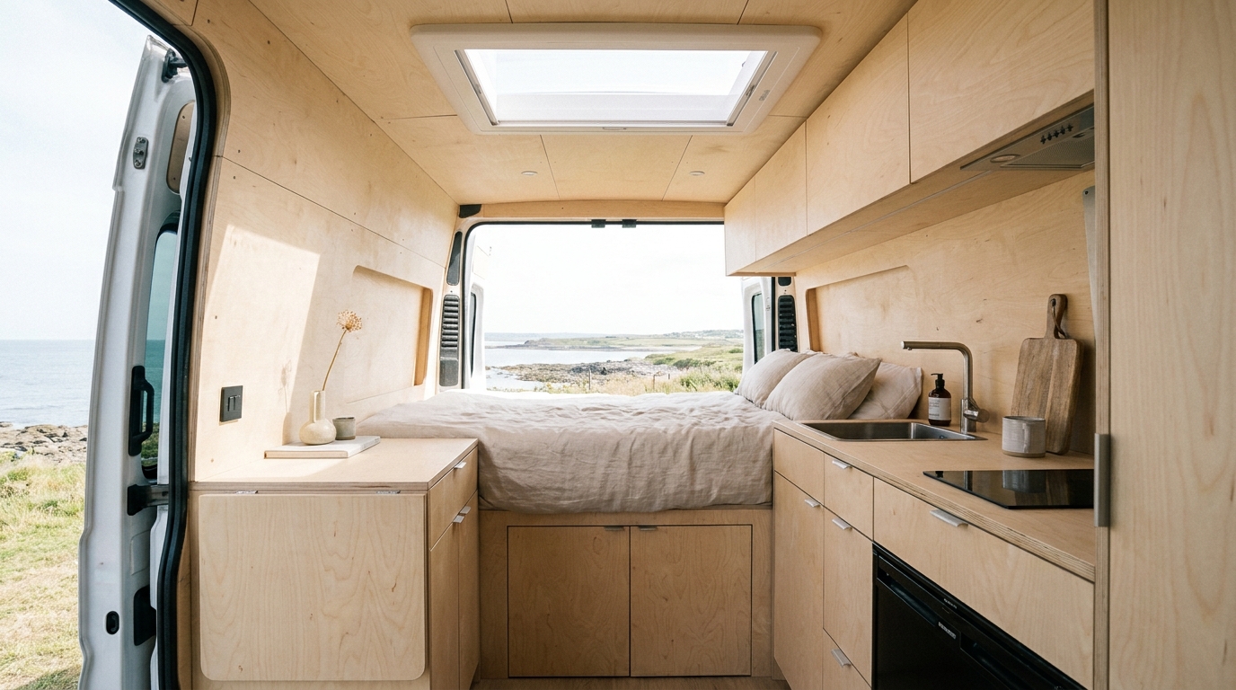 Intérieur d'un van aménagé pour 2 personnes